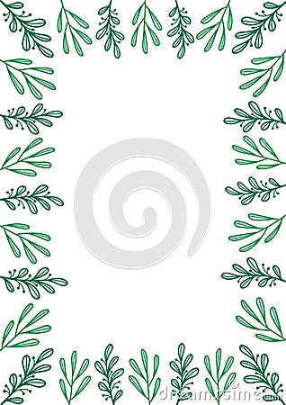 Rectangular frame with aquamarine hand drawn doodle branches Vector Illustration